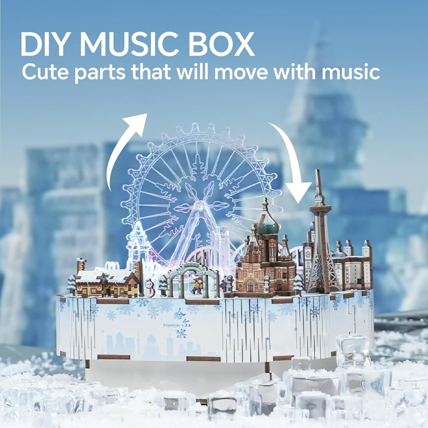 A DIY wooden music box kit depicting a winter cityscape with an illuminated Ferris wheel