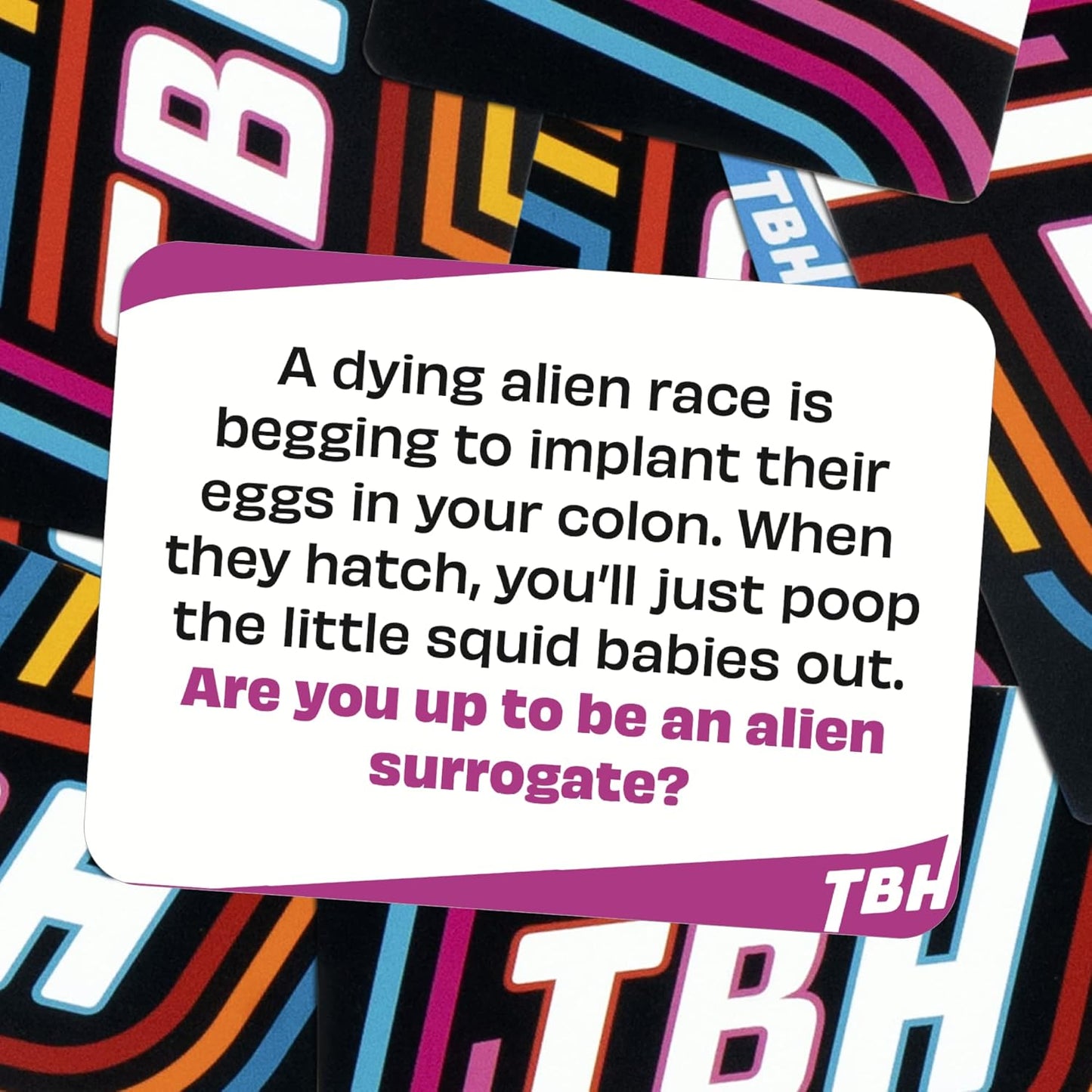 TBH game card asking if the player will be an alien surrogate and poop out squid babies from their colon
