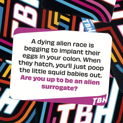 TBH game card asking if the player will be an alien surrogate and poop out squid babies from their colon