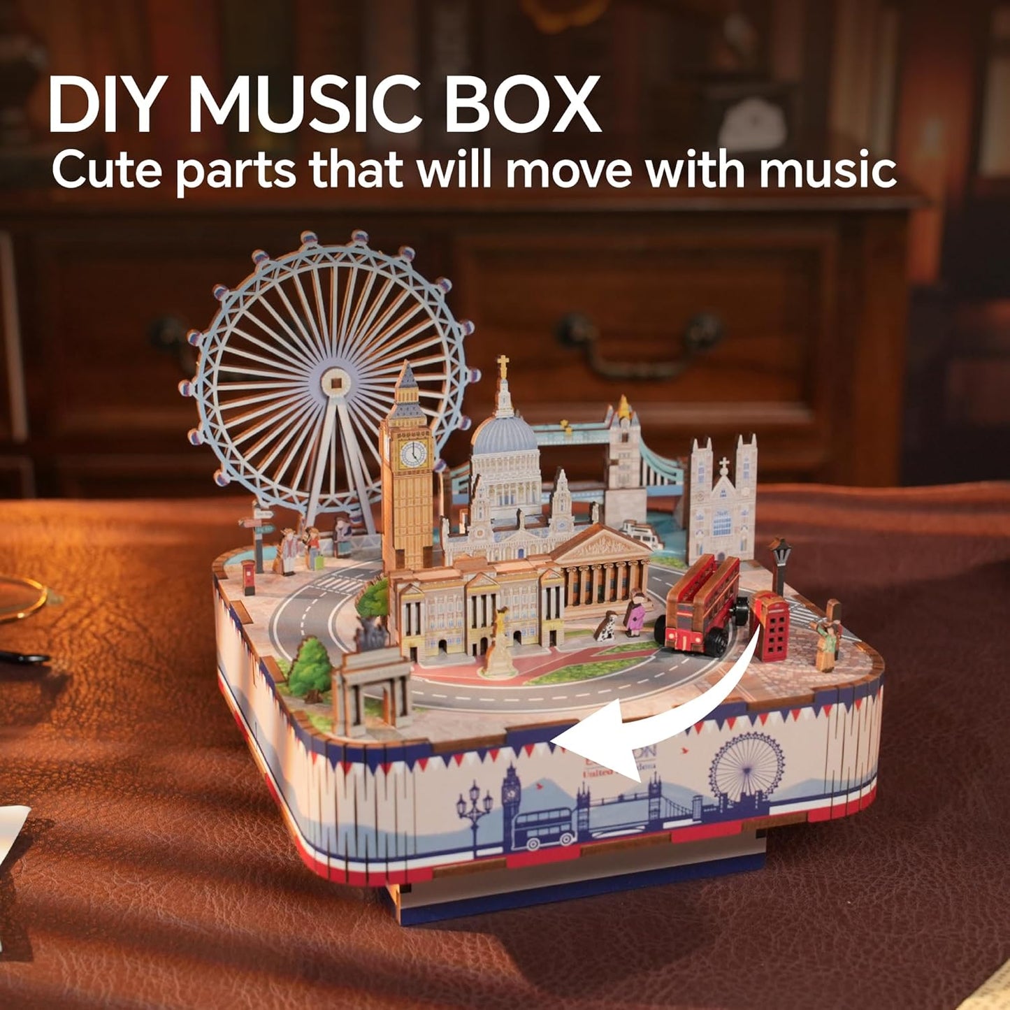 DIY wooden music box kit featuring miniature London landmarks: Big Ben, London Eye, and moving parts
