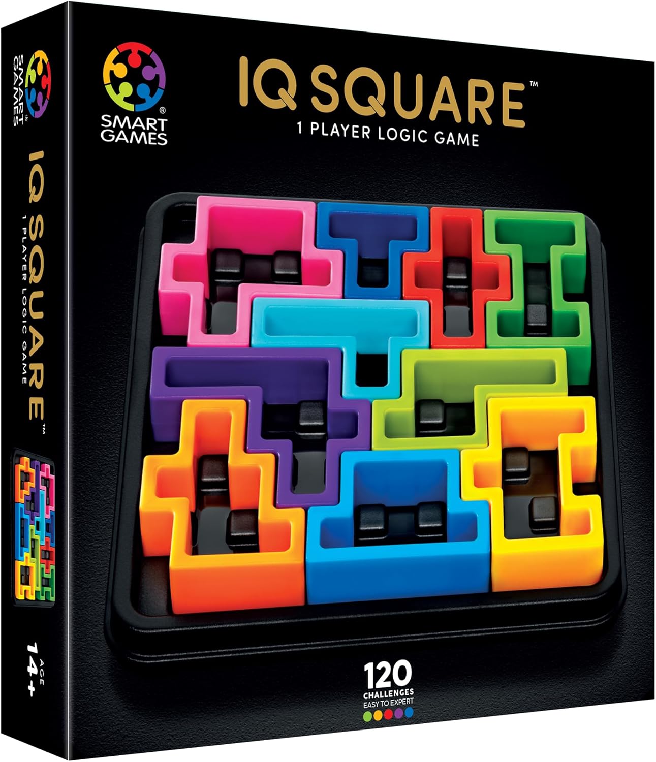 IQ Deluxe Square logic game box showing colorful geometric puzzle pieces arranged in a grid inside a black tray