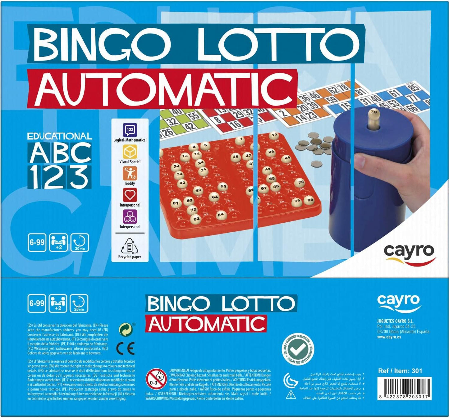 Automatic Bingo Lotto game box. Hand operates blue ball dispenser near a numbered board