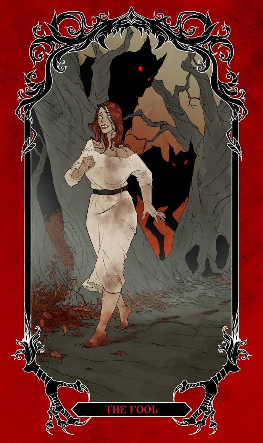 Terrified woman flees through a dark forest from two red-eyed shadowy monsters. Tarot card: The Fool