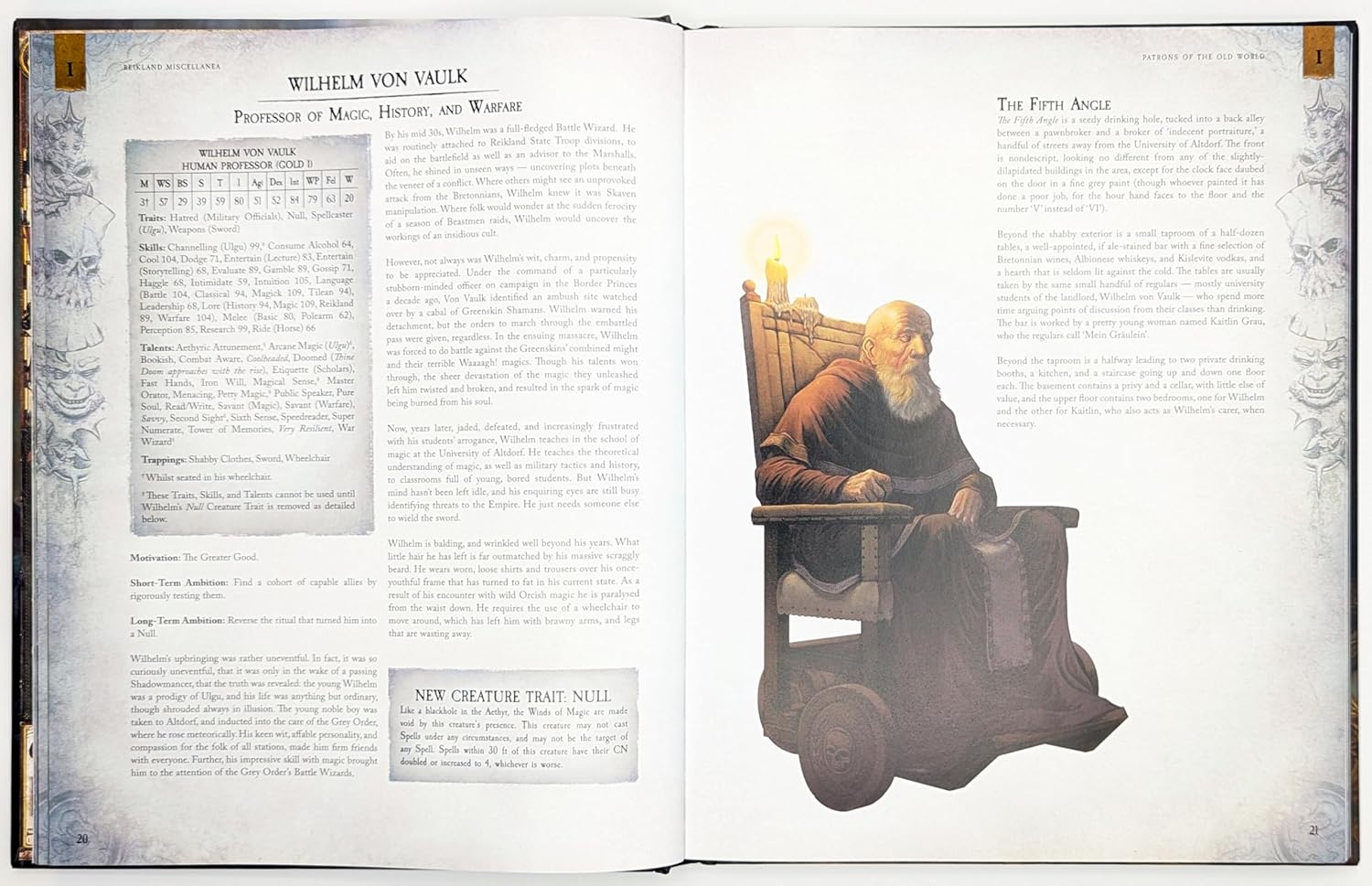 A bald old man with a long white beard, wearing a brown robe, sits in an ornate wooden wheelchair, a lit candle nearby