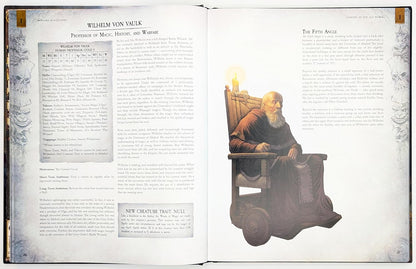 A bald old man with a long white beard, wearing a brown robe, sits in an ornate wooden wheelchair, a lit candle nearby