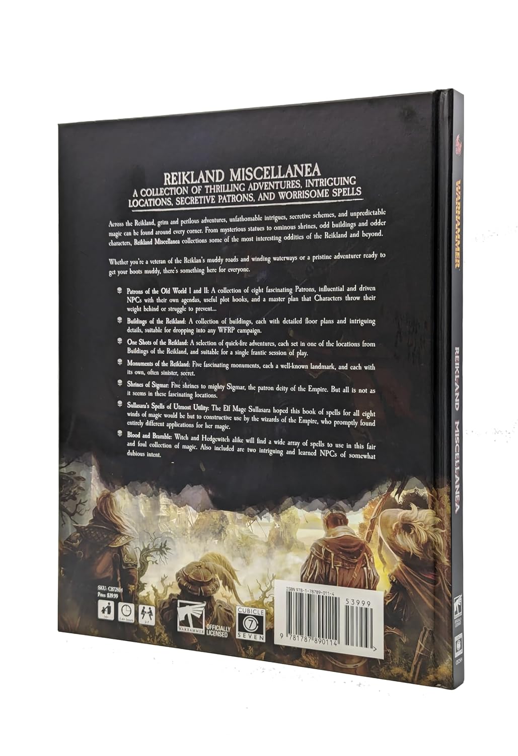 Back cover of "Reikland Miscellanea," a Warhammer RPG book, with adventurers looking at a dark fantasy landscape and descriptive text
