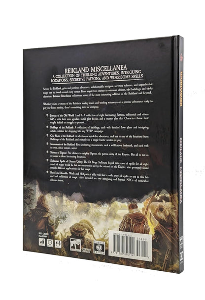 Back cover of "Reikland Miscellanea," a Warhammer RPG book, with adventurers looking at a dark fantasy landscape and descriptive text