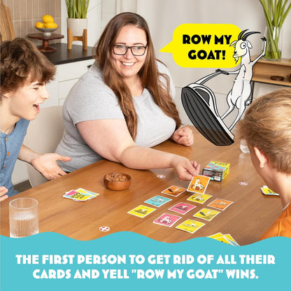 Three people enthusiastically playing the Row My Goat! card game