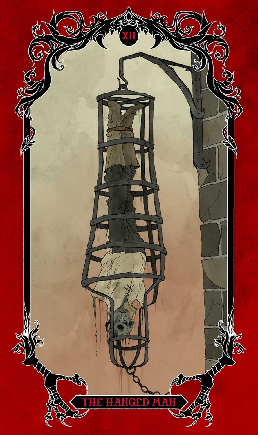Tarot card XII, The Hanged Man: A head-down corpse in a metal cage hangs from a stone wall