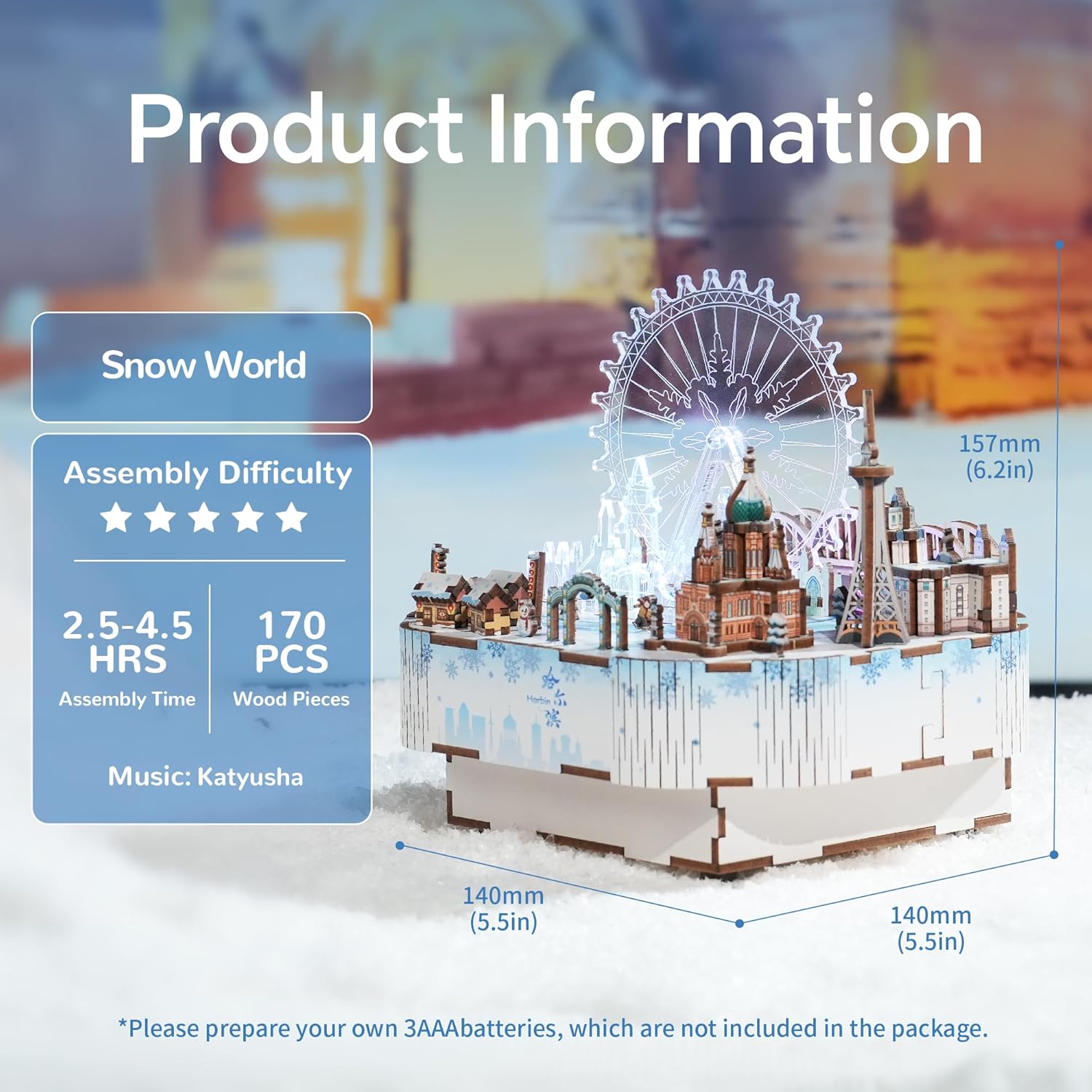 Wooden 3D puzzle music box model of a lighted winter city (Snow World) with a Ferris wheel and buildings