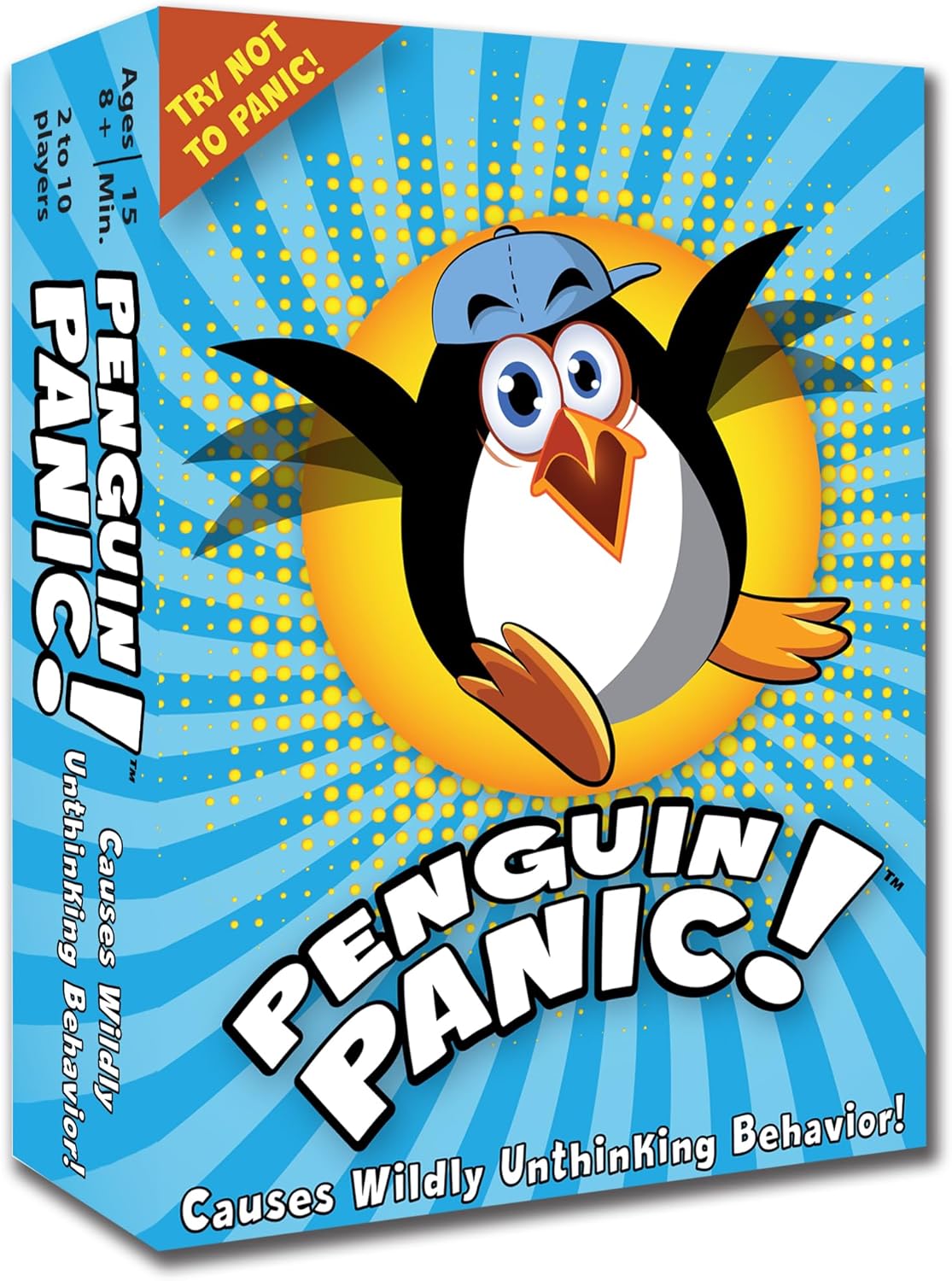 Penguin Panic! game box, showing a wide-eyed cartoon penguin in a blue cap, flapping its wings