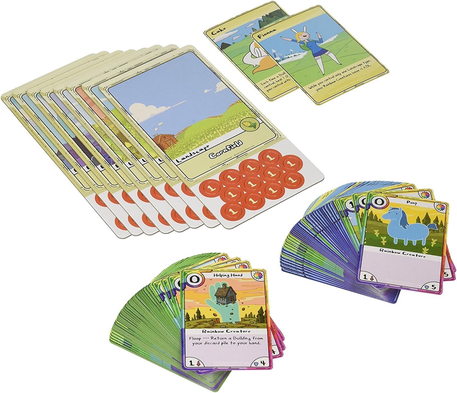 Multiple stacks of colorful Adventure Time Card Wars game cards, featuring Fionna, Cake and tokens