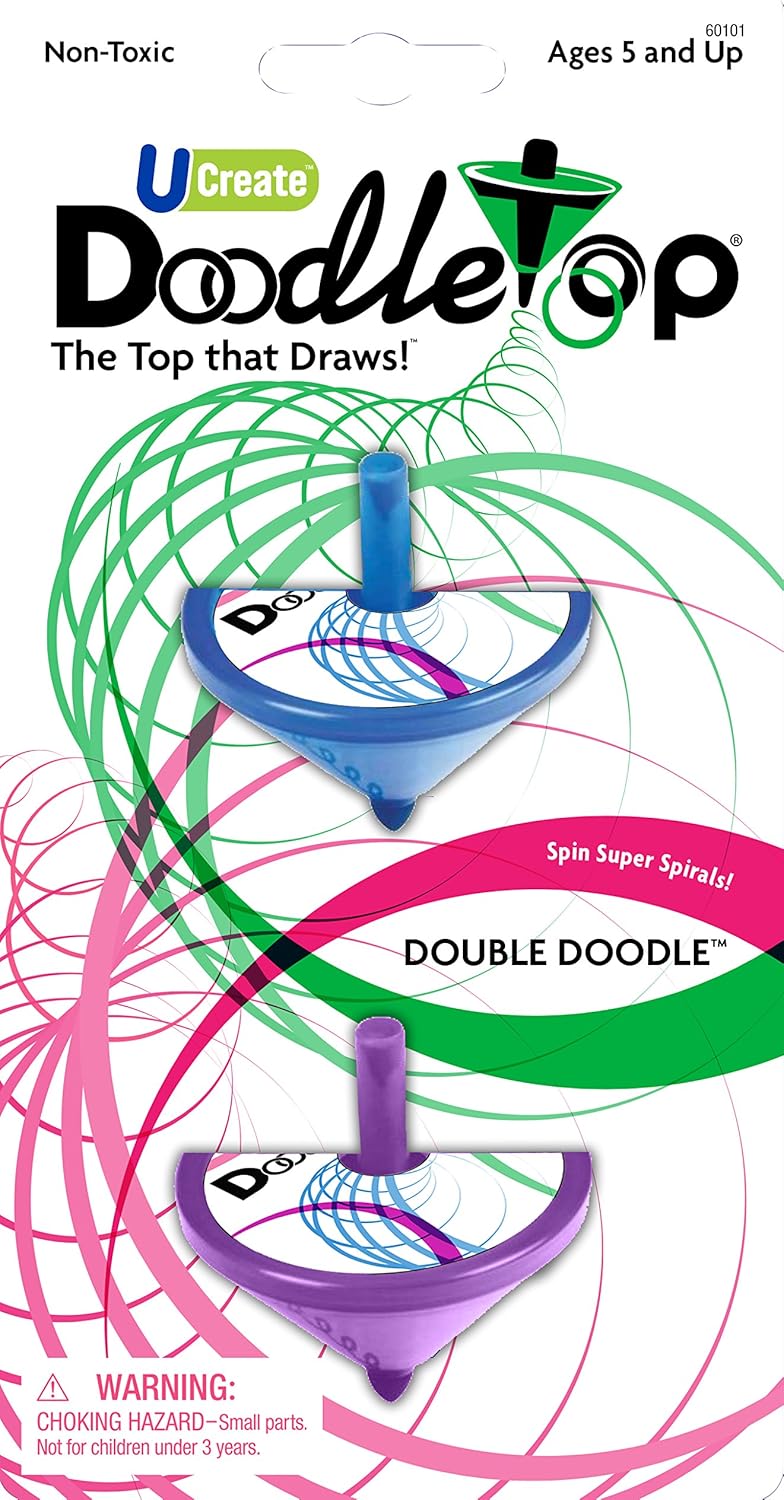 U Create DoodleTop package featuring two tops (blue and purple) that create green and pink spiral drawings