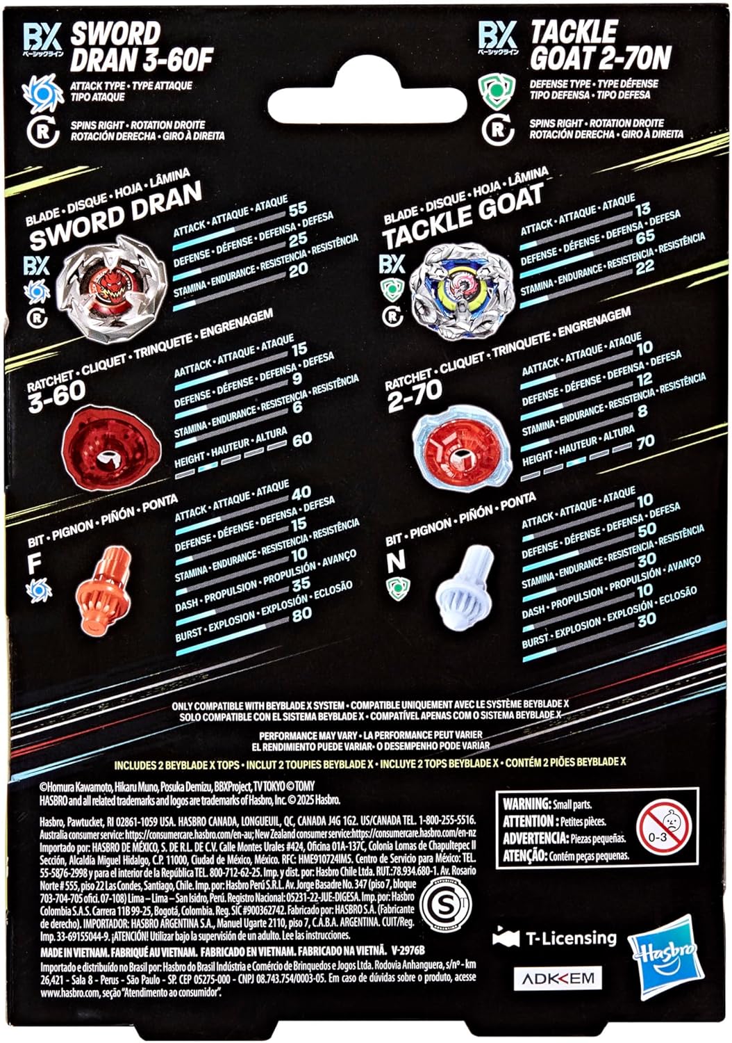 Packaging details for two Beyblade X tops, Sword Dran and Tackle Goat, showing stats and components