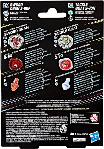 Packaging details for two Beyblade X tops, Sword Dran and Tackle Goat, showing stats and components