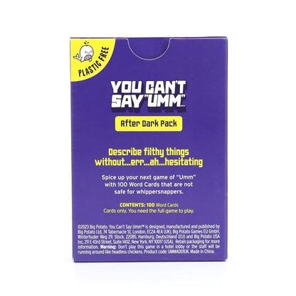 Back of "You Can't Say 'Umm...' After Dark Pack" box, detailing 100 adult word cards and plastic-free design