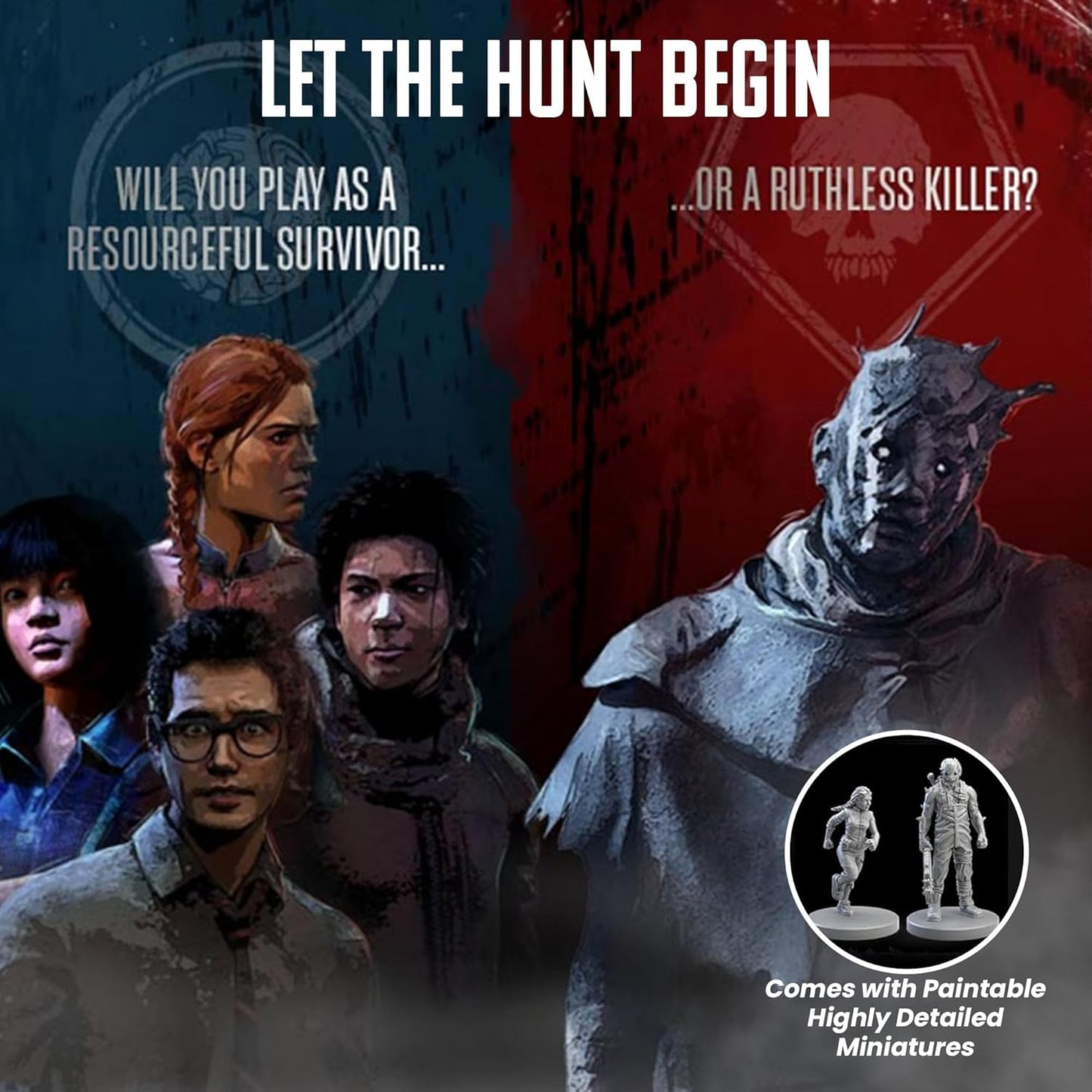 Poster for Dead by Daylight: Board Game - Gatekeeper Expansion showing four Survivors, The Wraith Killer, and included paintable miniatures