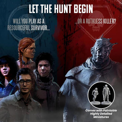 Poster for Dead by Daylight: Board Game - Gatekeeper Expansion showing four Survivors, The Wraith Killer, and included paintable miniatures