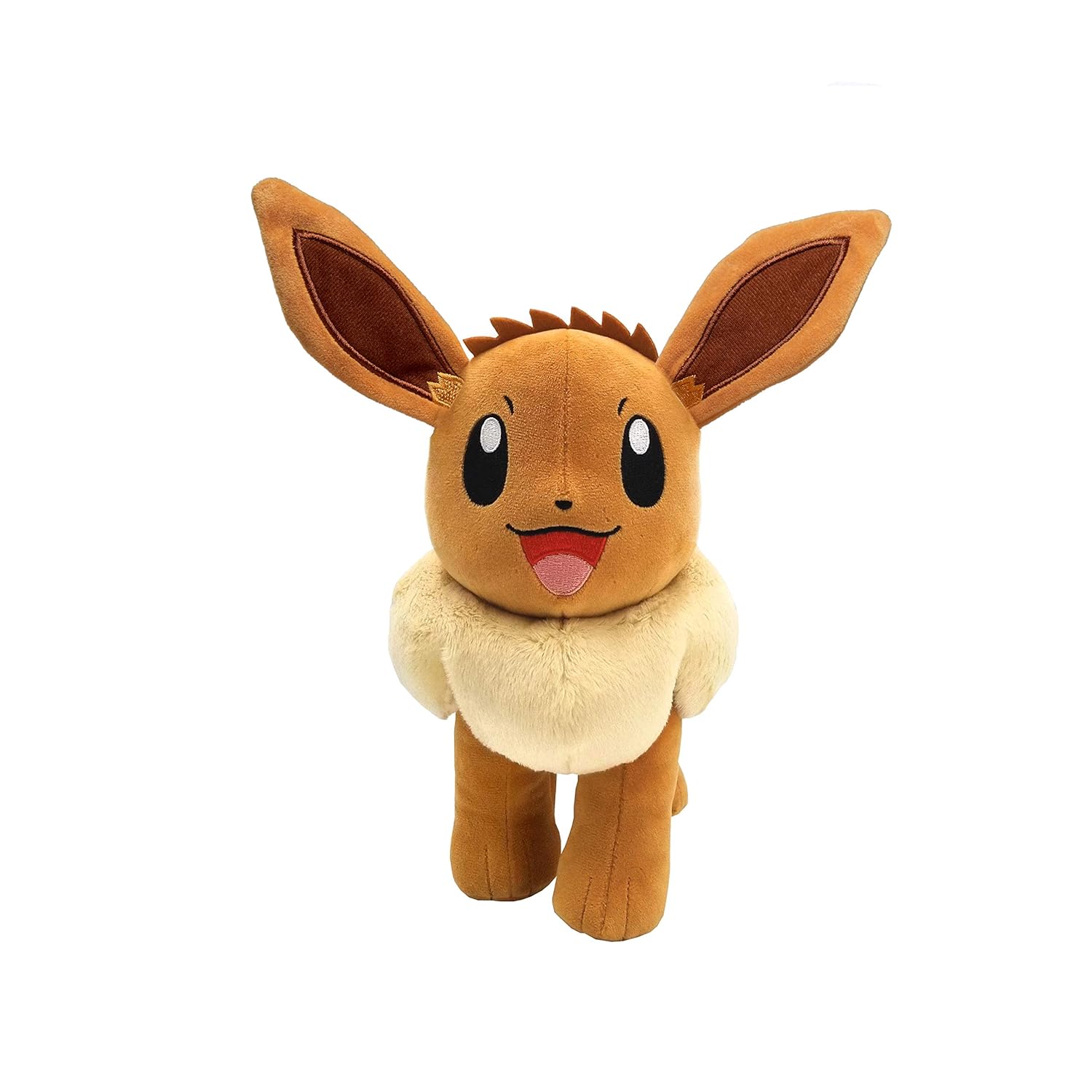 Eevee Pokemon plush toy, brown with cream ruff, standing and smiling with tongue out