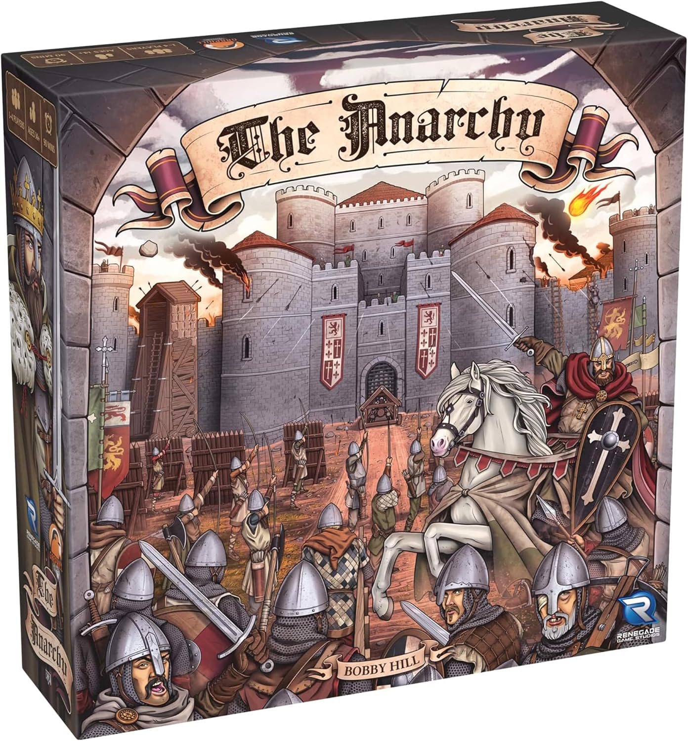 Box cover for "The Anarchy" board game, depicting a chaotic medieval siege with knights attacking a stone castle