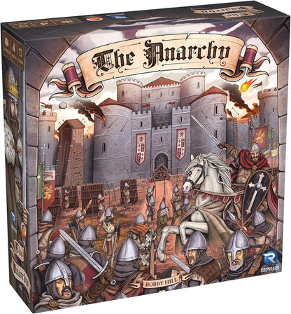 Box cover for "The Anarchy" board game, depicting a chaotic medieval siege with knights attacking a stone castle
