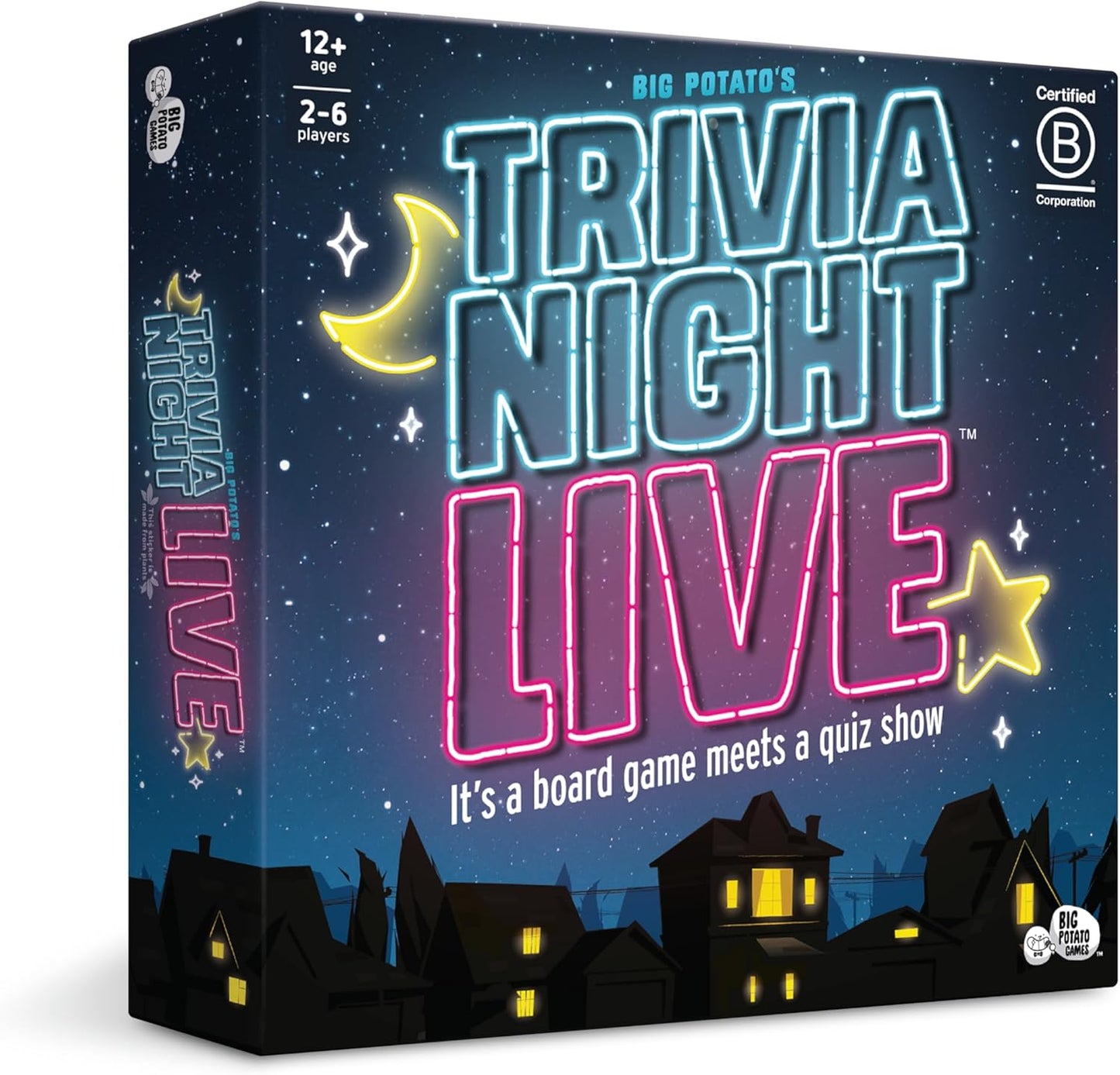 Box cover for "Trivia Night Live" board game. Title text is written in blue and pink neon over a dark silhouette of houses