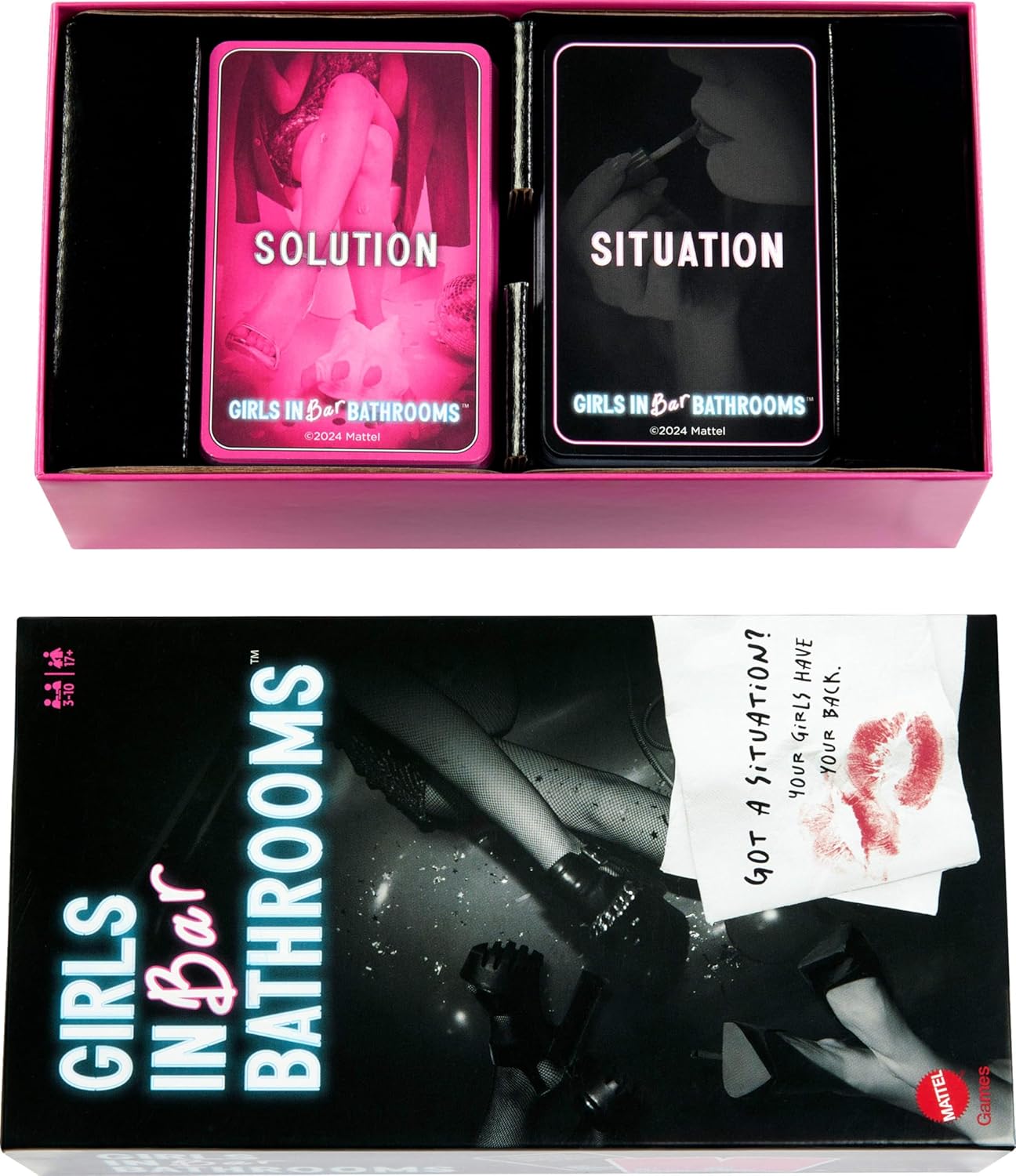 Girls in Bar Bathrooms adult card game box, open to show Solution (pink) and Situation (black) cards