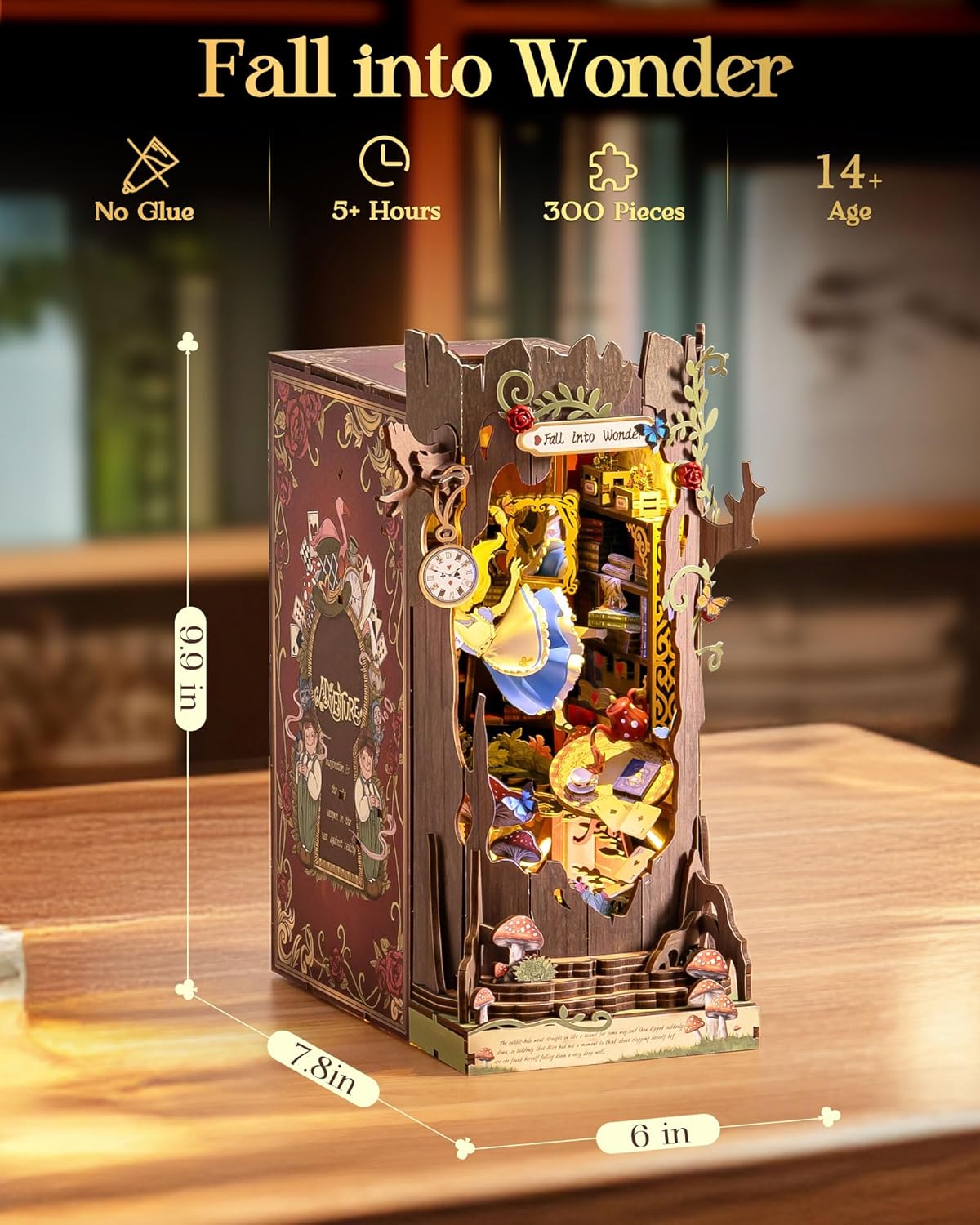 Detailed 3D wooden puzzle book nook depicting Alice falling down the lighted rabbit hole