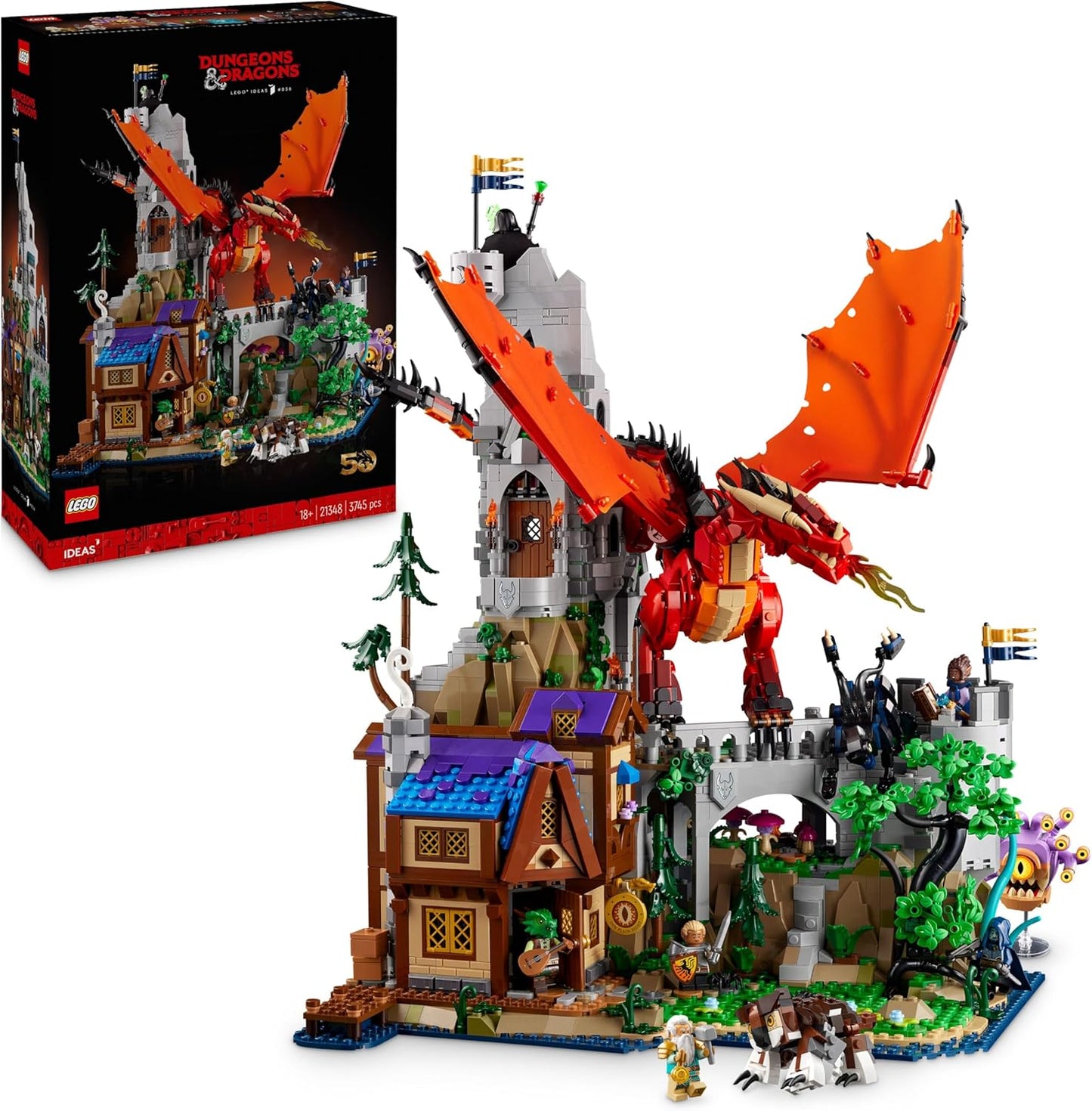 LEGO Dungeons & Dragons set: Large red dragon attacking a gray stone fortress and detailed medieval village below