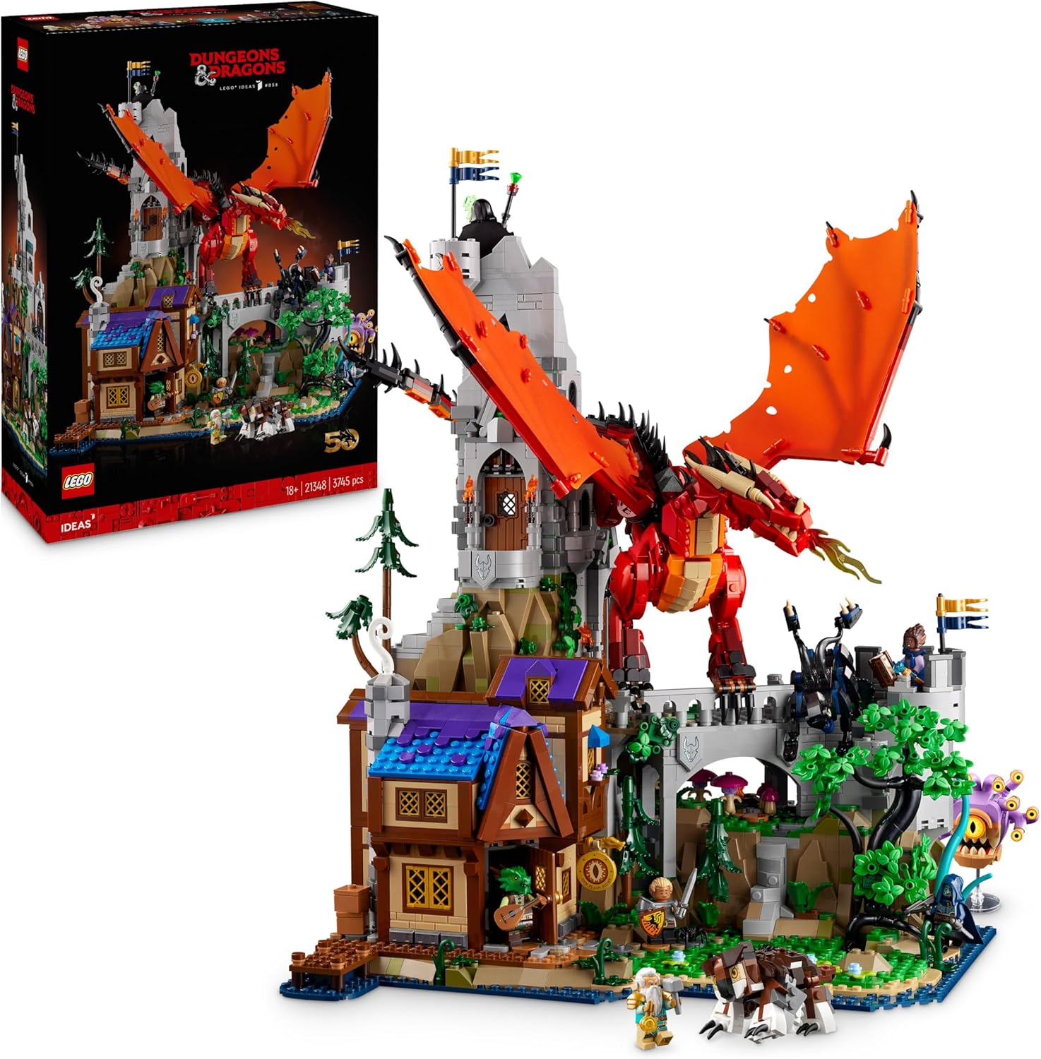 LEGO Dungeons & Dragons set: Large red dragon attacking a gray stone fortress and detailed medieval village below