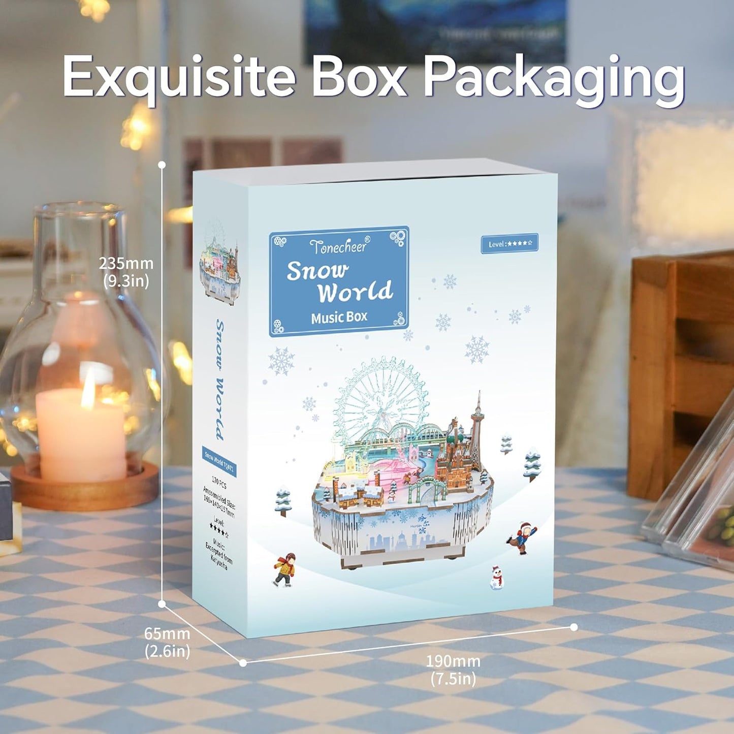 Light blue "Snow World Music Box" packaging shown with overlaid dimensions (235mm, 190mm, 65mm)