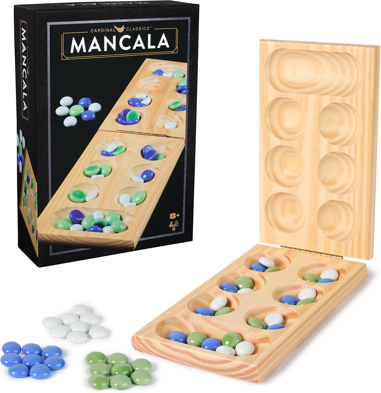 Wooden Mancala board game set, displayed open with colorful playing stones and the retail box