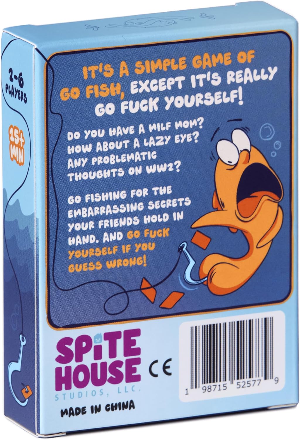 Back of the Spite House card game box featuring a screaming orange fish caught on a hook and the explicit text: "Go Fuck Yourself!"