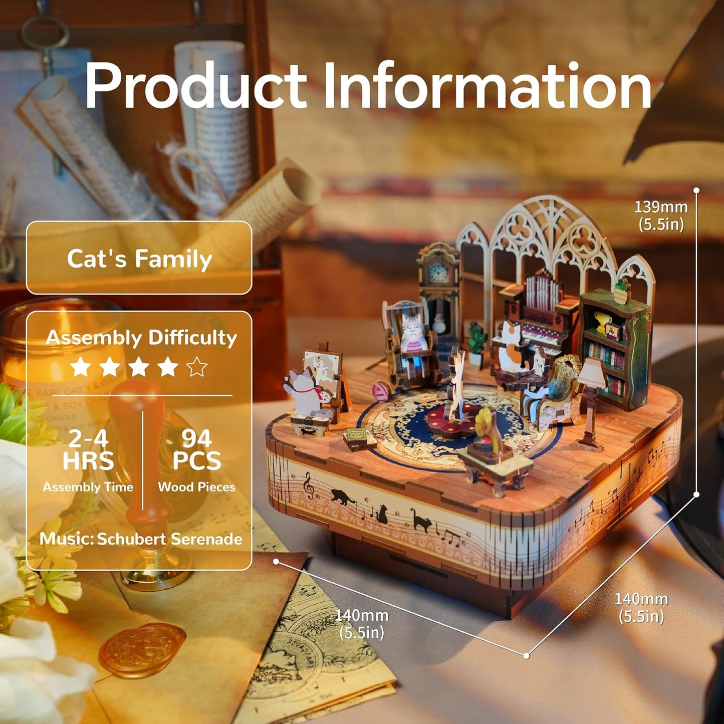 Detailed wooden 3D puzzle music box diorama themed "Cat's Family," with assembly details visible