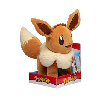 Pokemon Eevee plush toy, brown with a cream ruff, standing in its retail display box
