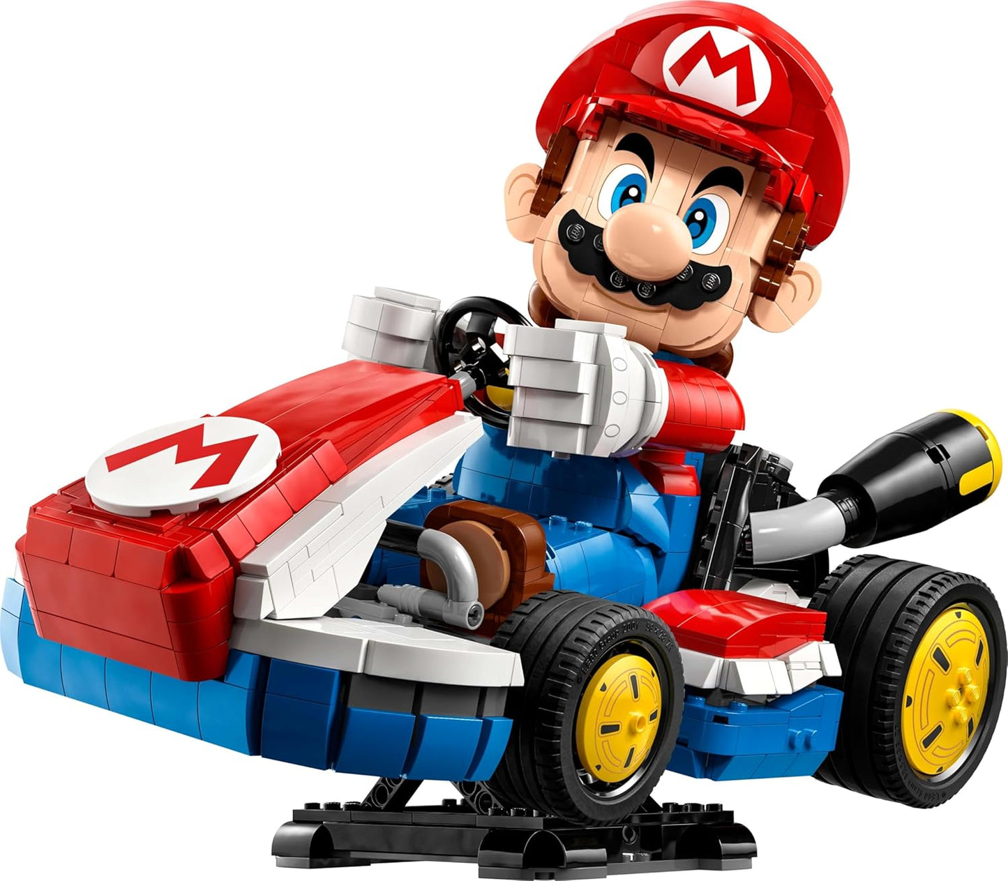 LEGO Mario figure driving a red, white, and blue race kart