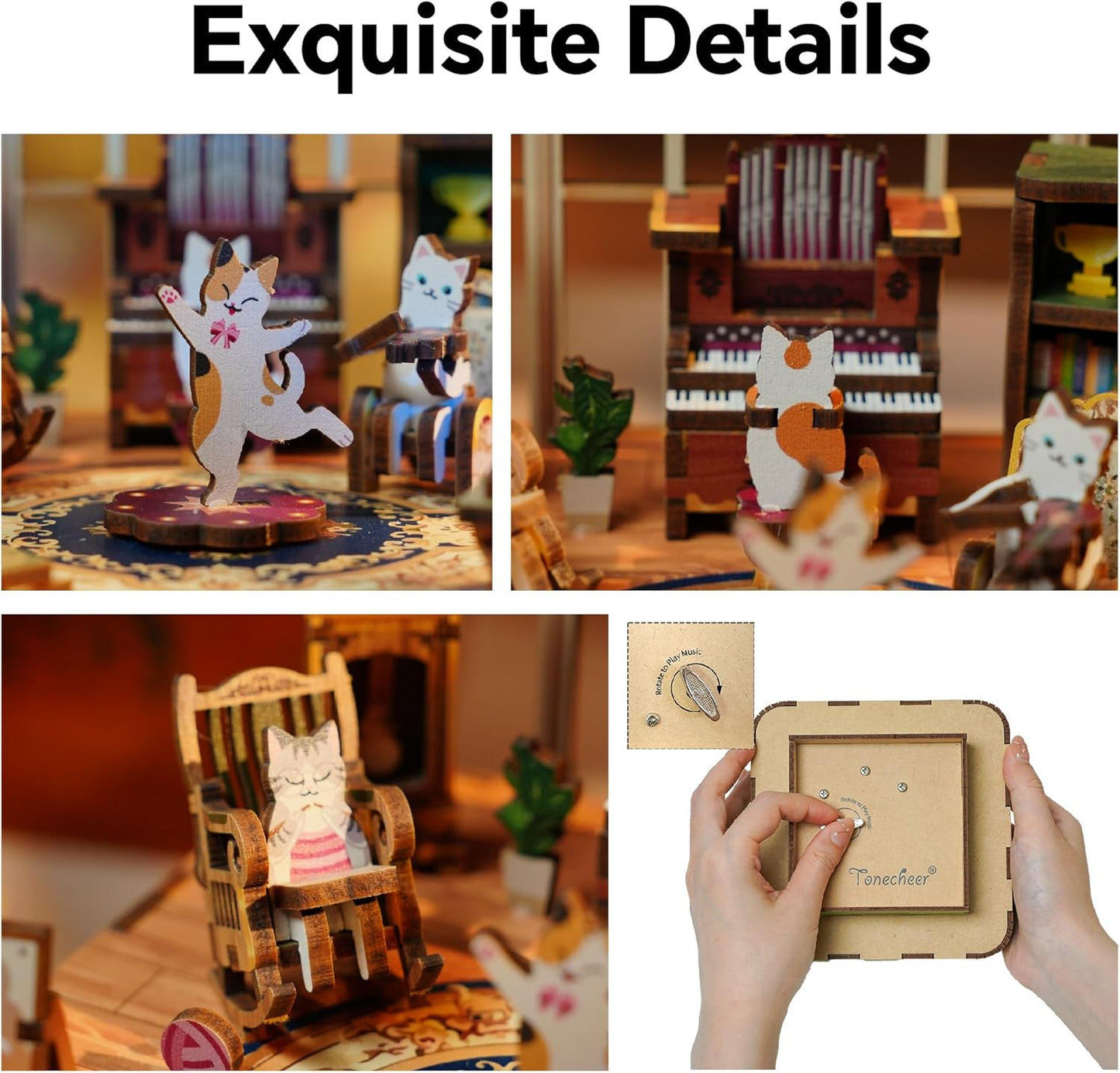 Close-up collage of a wooden music box craft kit with detailed cat figures dancing, playing an organ, and the winding key