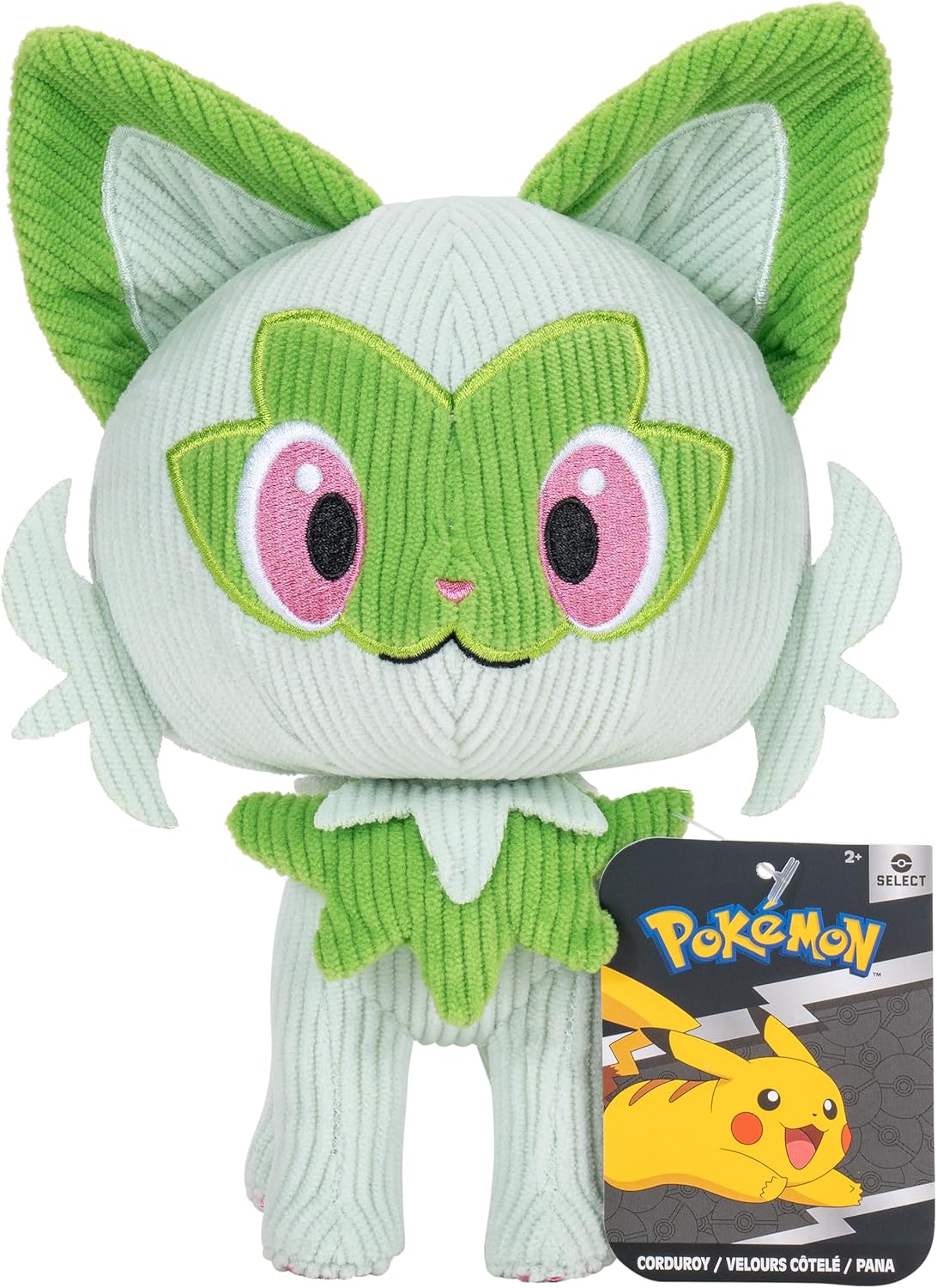 Corduroy plush toy of the Pokemon Sprigatito, a green cat character, standing with the official tag attached