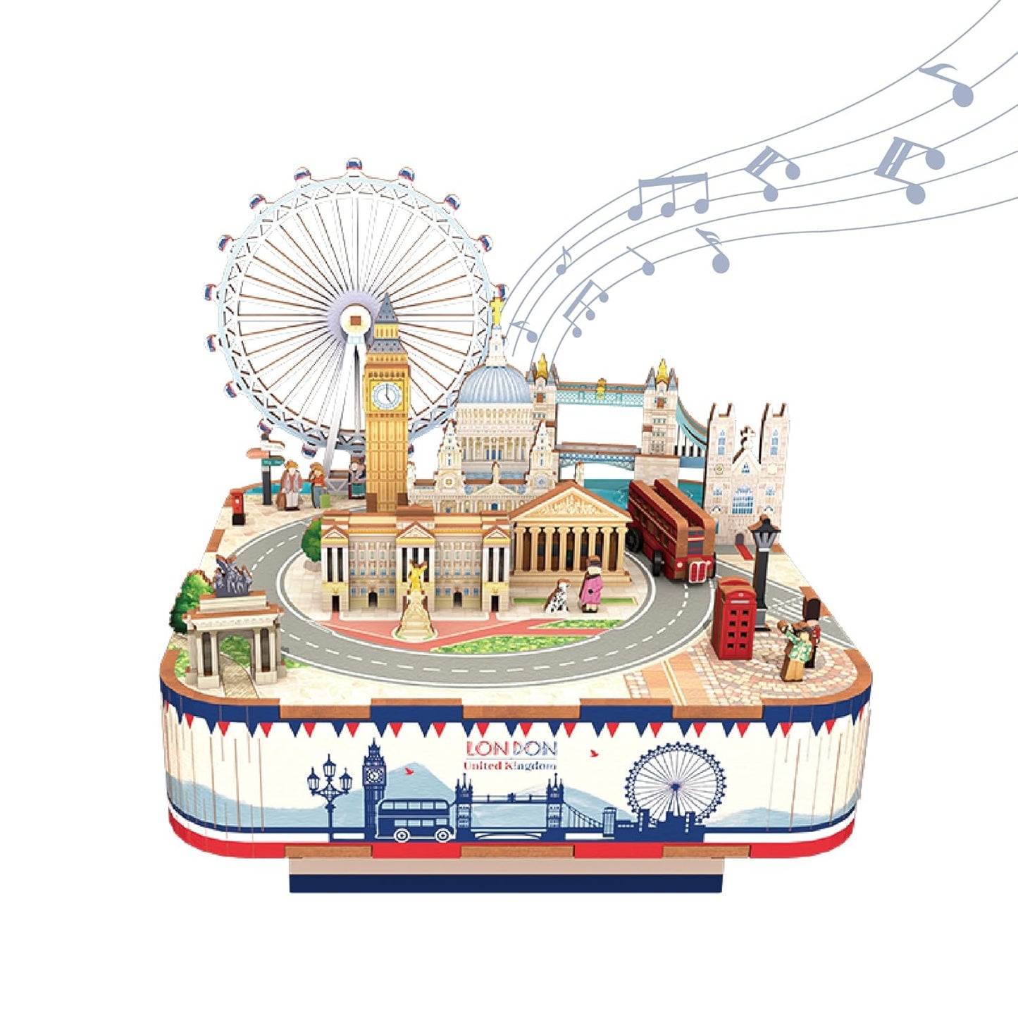 Miniature 3D model of London landmarks, including Big Ben and the London Eye, with musical notes