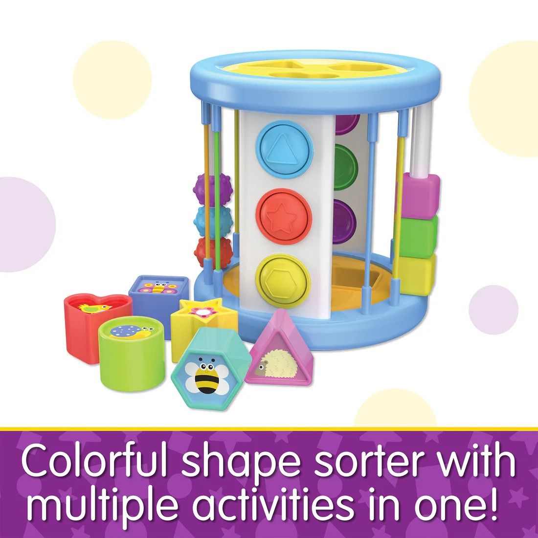 Colourful baby shape sorter activity drum with blocks, push buttons, and sliding counting beads