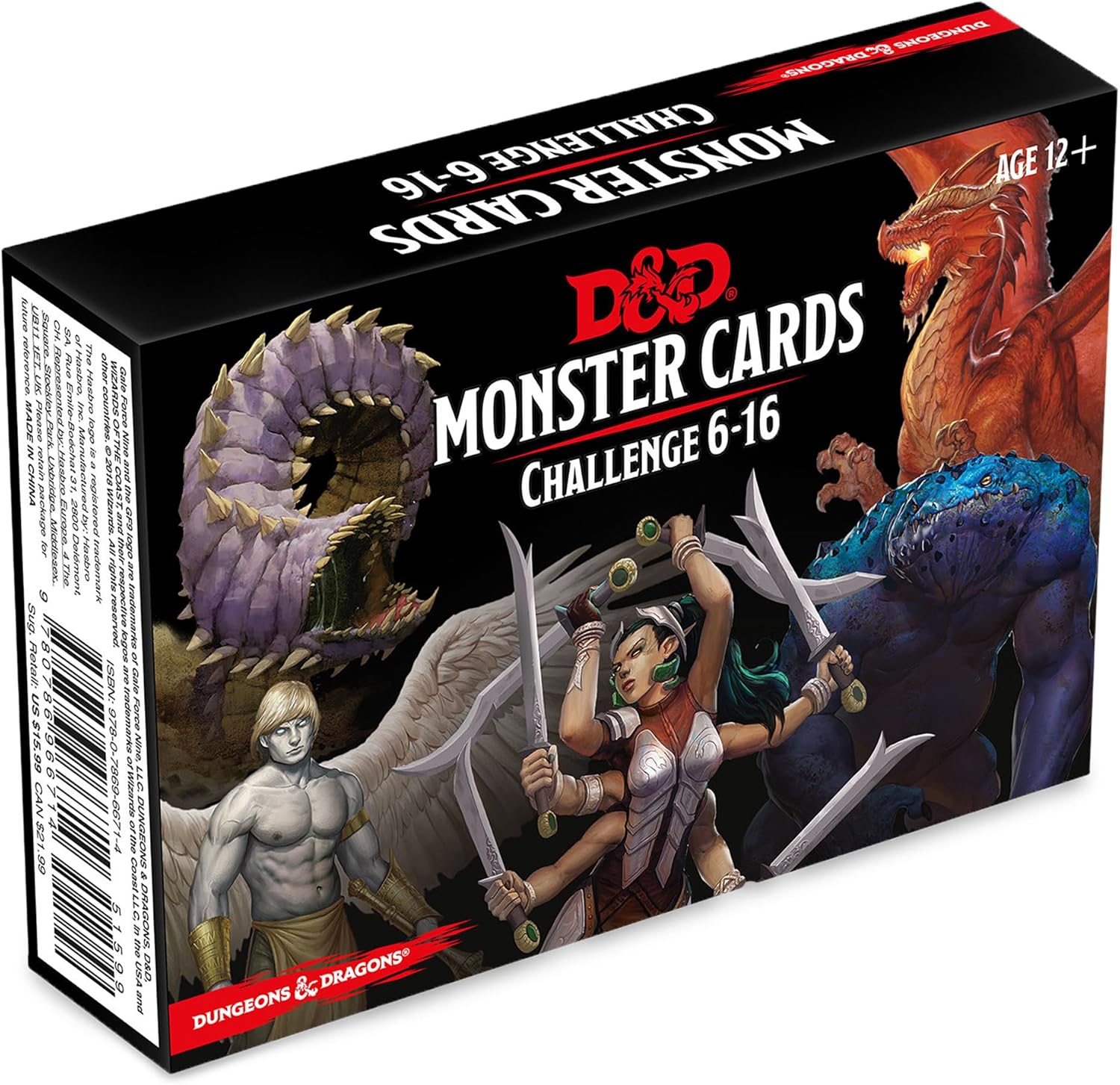 Black D&D Monster Cards box, Challenge 6-16, featuring a red dragon, giant worm, and fantasy warriors