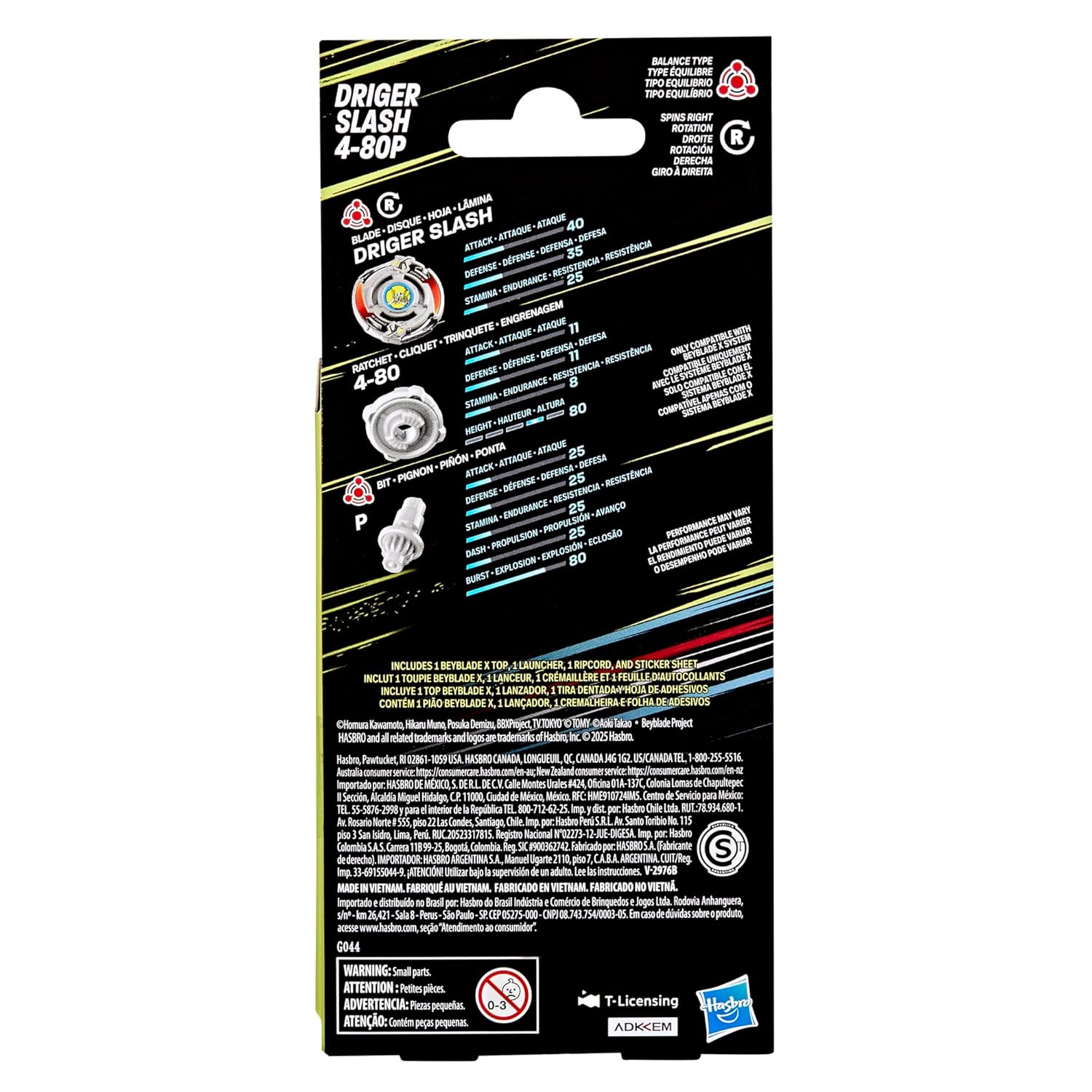 Stats sheet for Beyblade X Driger Slash 4-80P, showing diagrams of the Blade, Ratchet and Bit pieces