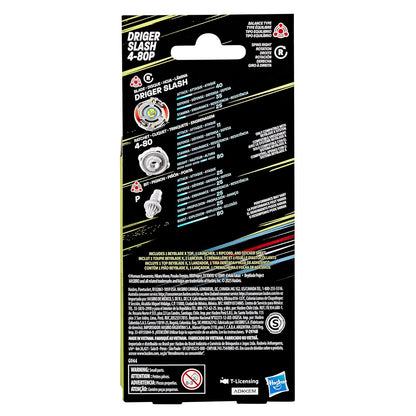 Stats sheet for Beyblade X Driger Slash 4-80P, showing diagrams of the Blade, Ratchet and Bit pieces