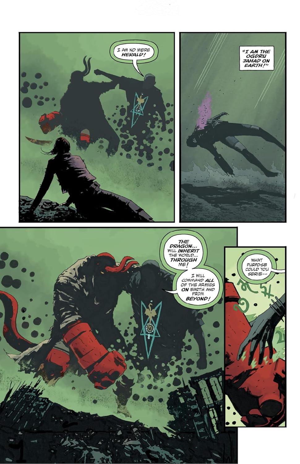 Hellboy grapples a horned -  shadowy demon with a chest symbol