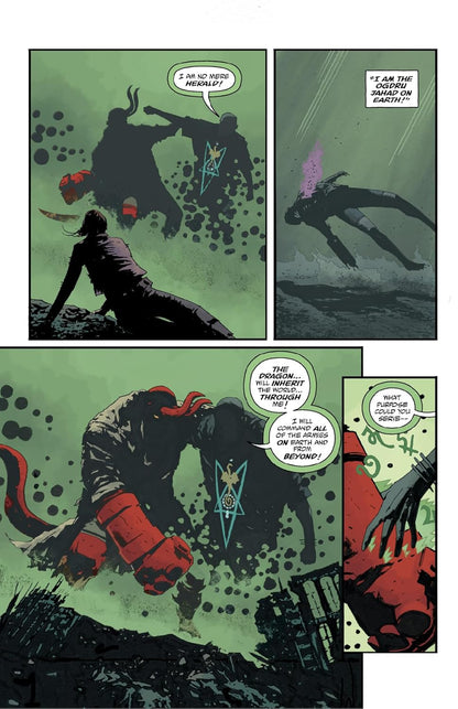 Hellboy grapples a horned -  shadowy demon with a chest symbol