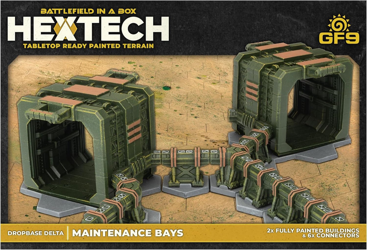 Hextech tabletop terrain set: two green maintenance bays linked by pipes on a desert hex grid.