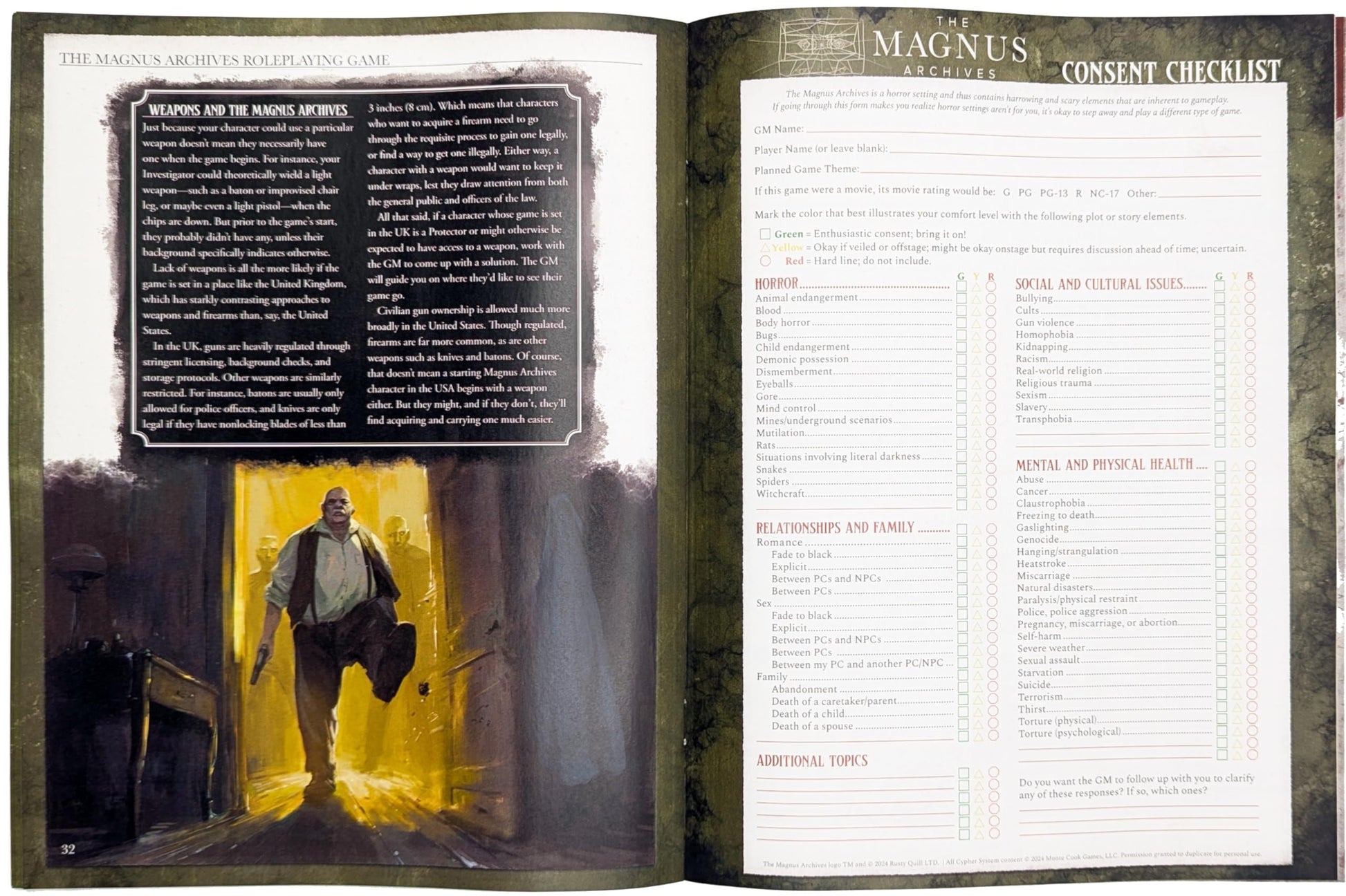 Open RPG rulebook. Left page: illustration of a man with a pistol emerging from darkness. Right page: a consent checklist