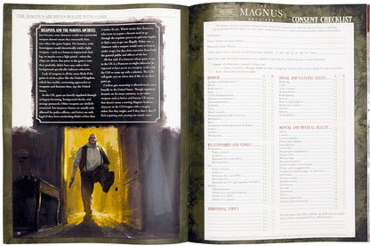 Open RPG rulebook. Left page: illustration of a man with a pistol emerging from darkness. Right page: a consent checklist
