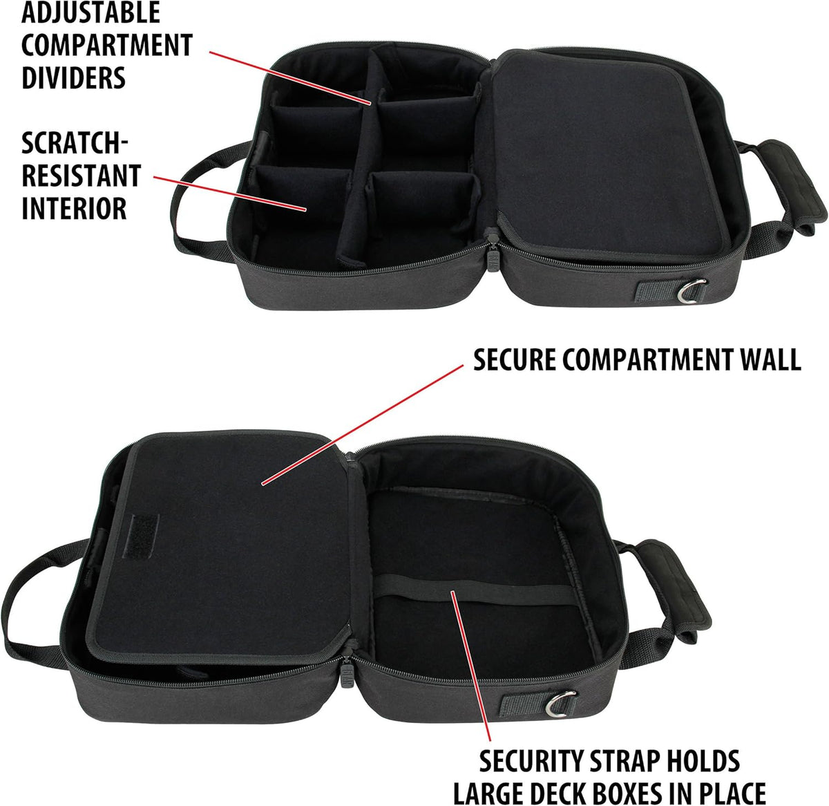 A black zippered carrying case is open, showing adjustable internal dividers, a secure compartment wall, and a strap for deck boxes