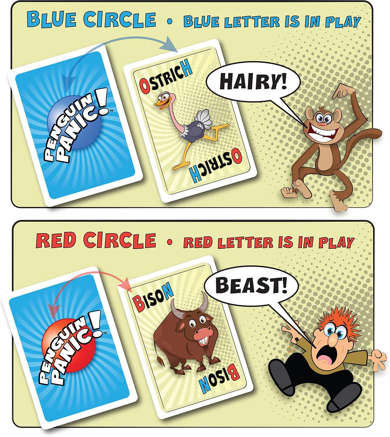 Gameplay demonstration for Penguin Panic! card game, showing Ostrich and Bison cards and player reactions